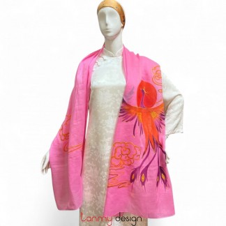 Lotus pink ramie scarf hand-painted with phoenix 70*190cm